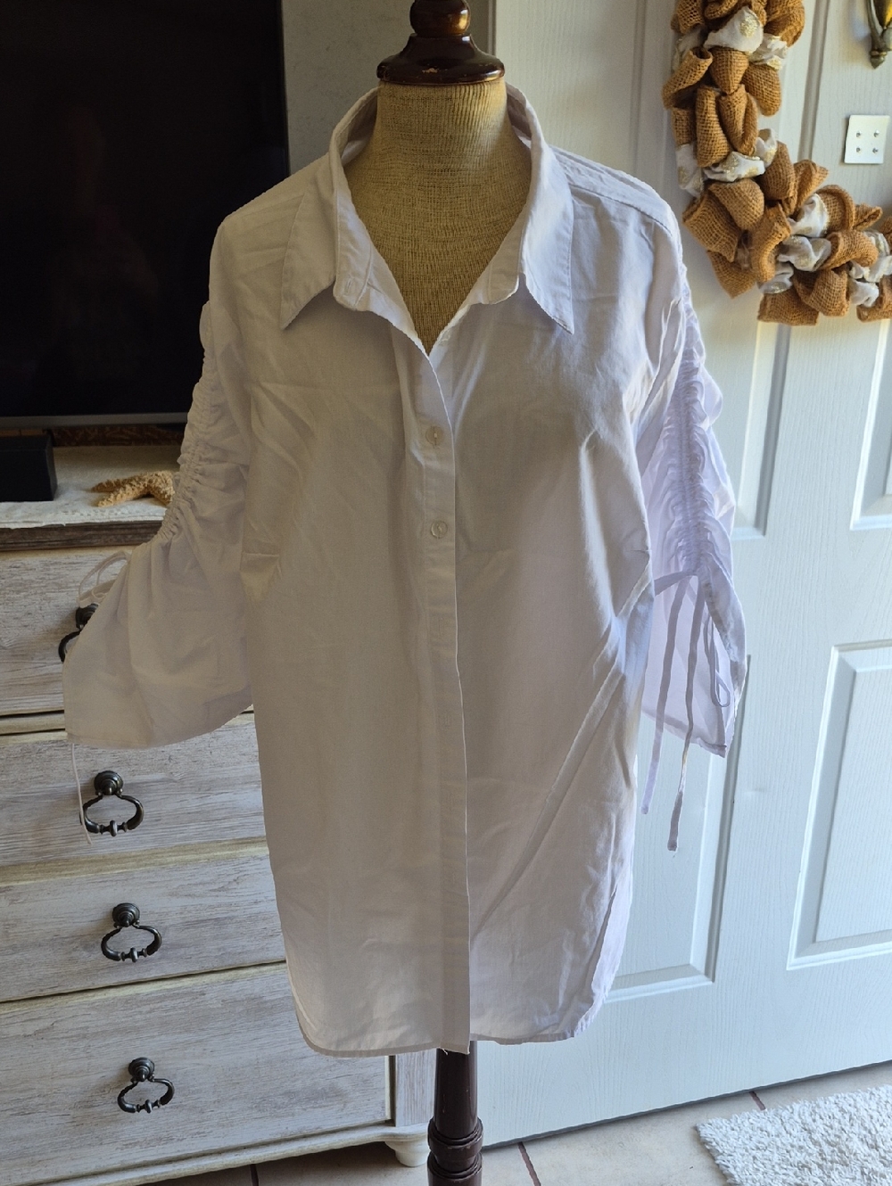 Cato White Button-Down Shirt with Ruched Tie Sleeves
